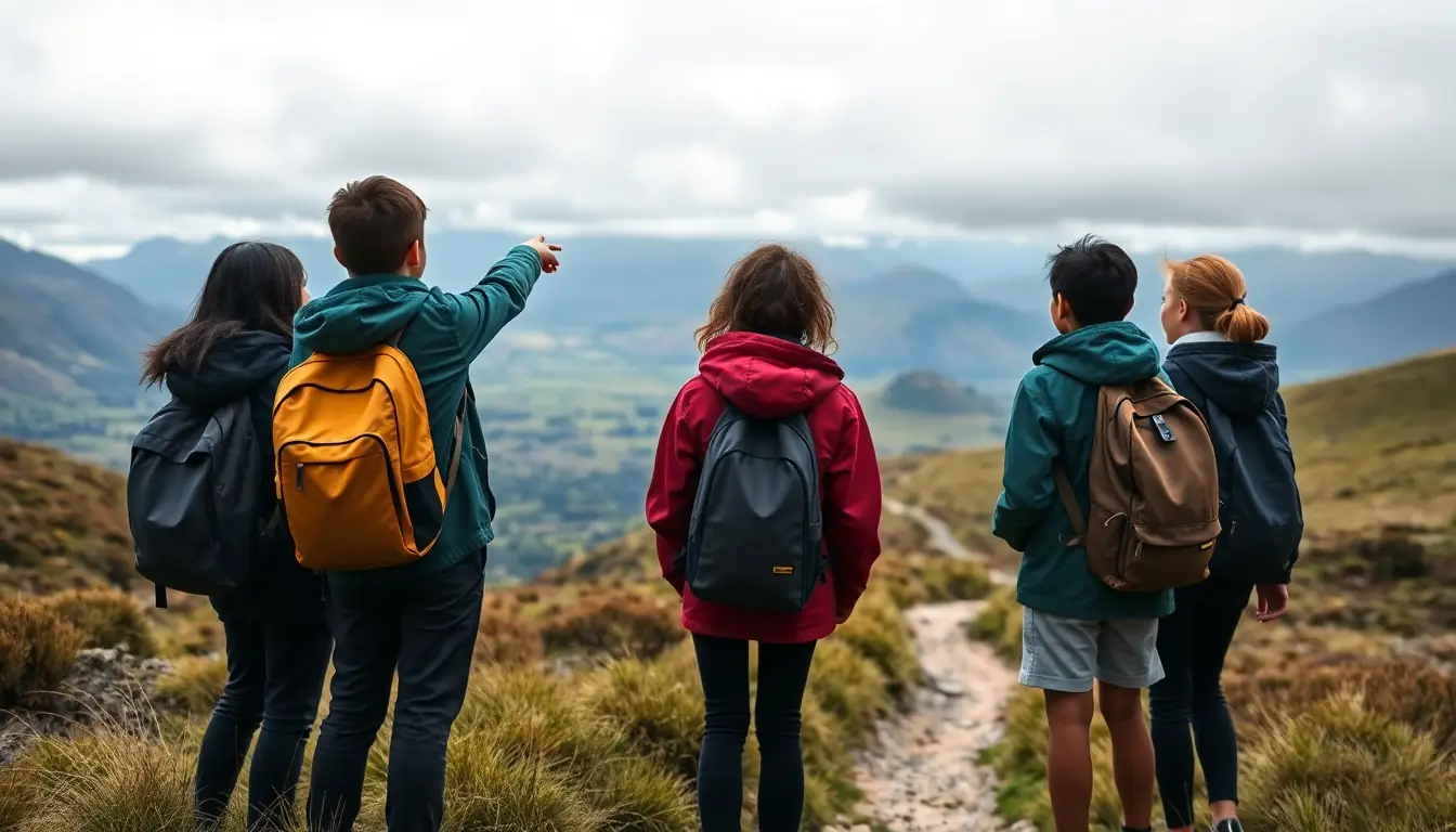 Five students in rain jackets and daypacks, seen from behind on a tussock ridge, one pointing across a wide valley towards distant hills under grey cloud