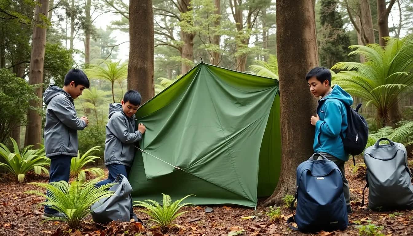 Three students in the bush tying a green tarp between two tree trunks to make a shelter, with daypacks on the leaf litter and ferns around them