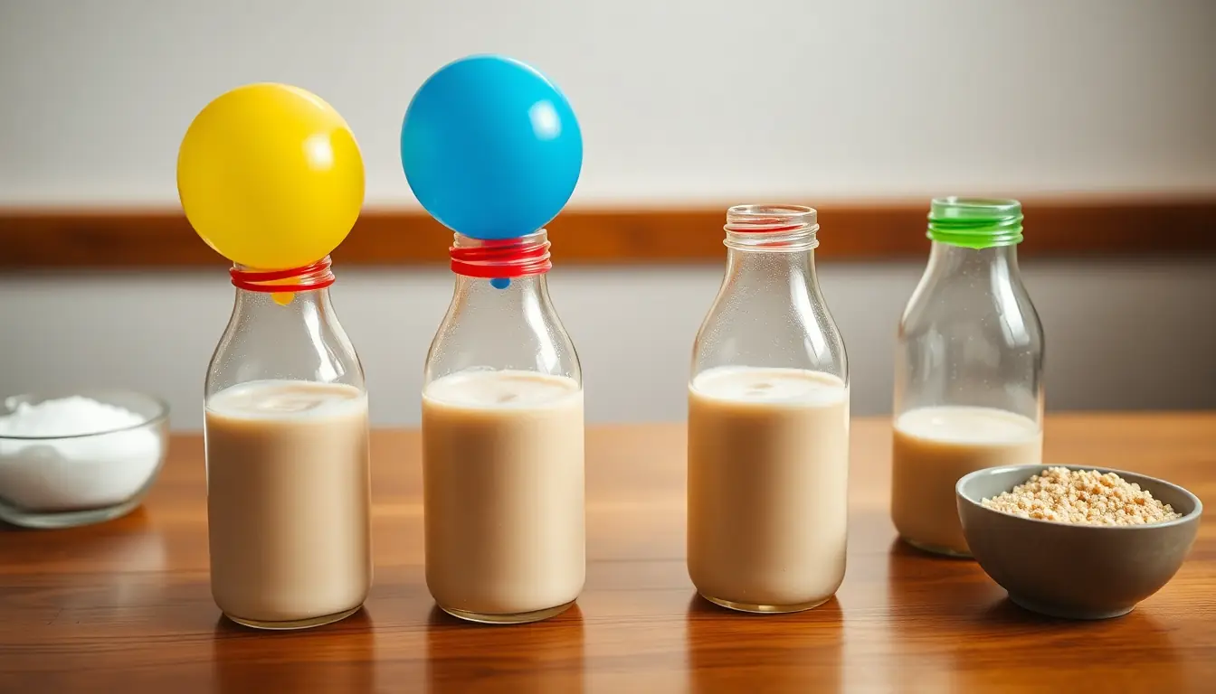 Four bottles of frothy yeast mixture in a row on a wooden table; two have yellow and blue balloons blown up on top and two have none, with bowls of sugar and yeast beside them