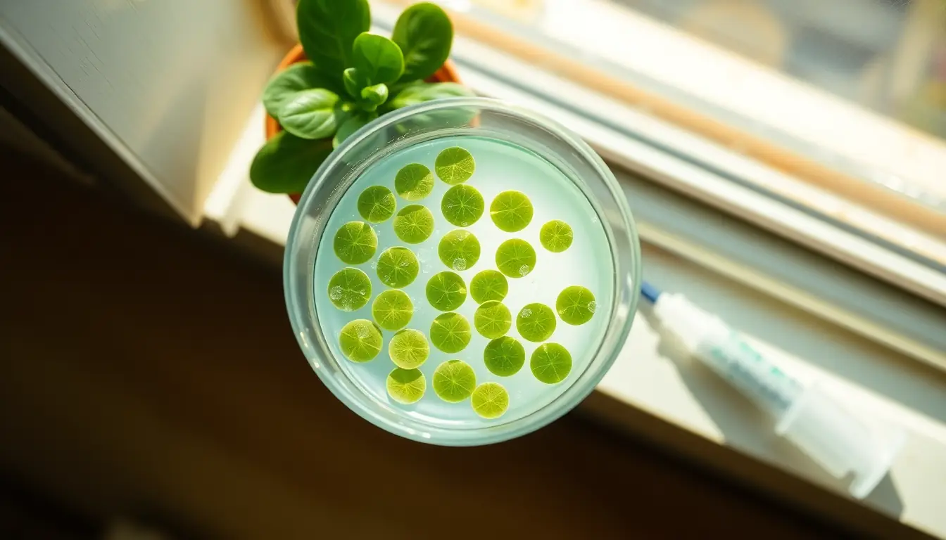 Looking down into a clear cup of water on a sunny windowsill, with round green leaf discs floating at the surface and a plastic syringe beside it