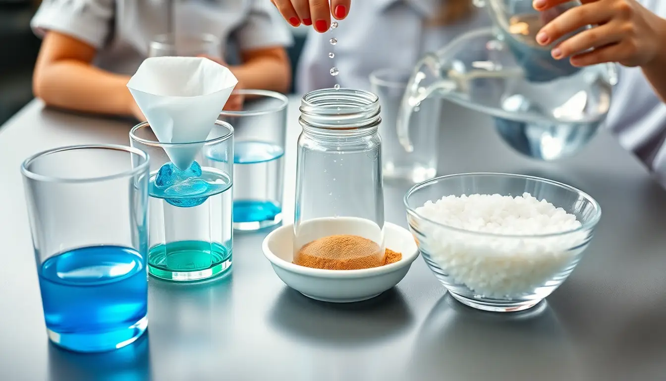 A kitchen-science bench with dye dissolving in water, a filter funnel separating muddy sand and a fizzing bowl of baking soda