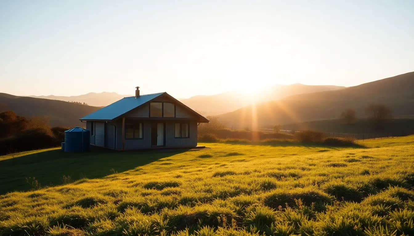 A small eco-home on a frosty New Zealand hillside with big north-facing windows catching the winter sun