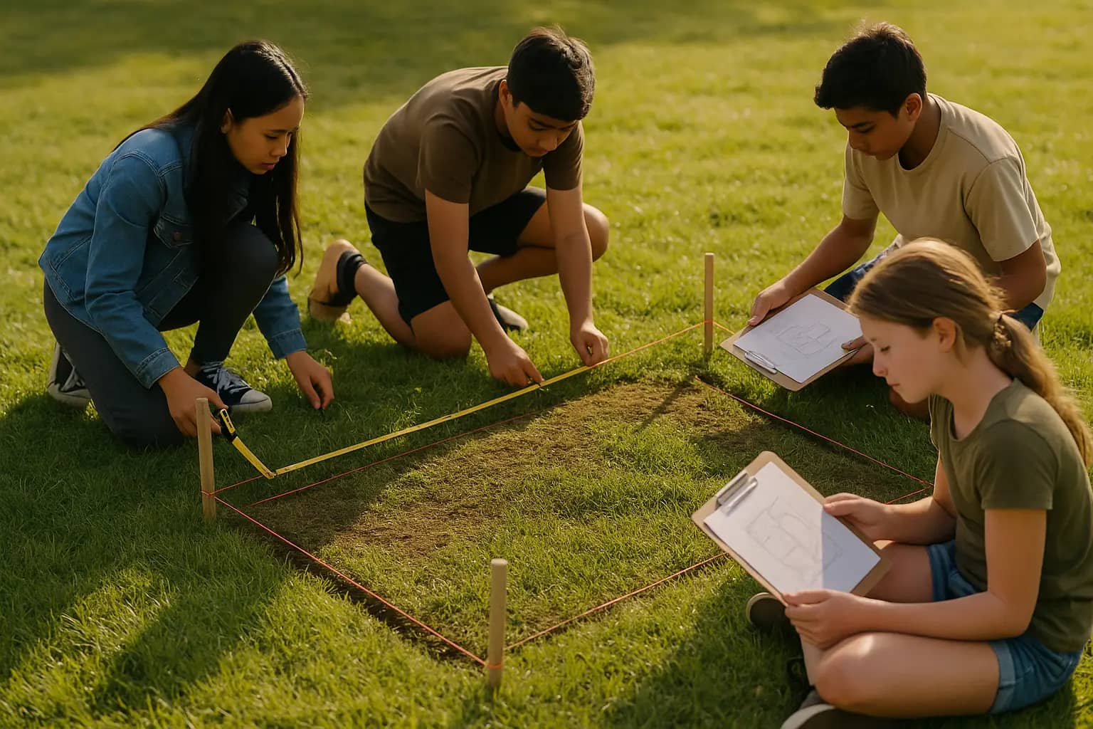 A student drawing a geometric pattern in chalk on the ground