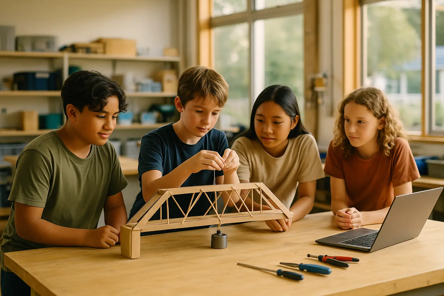 A student building a cardboard vehicle prototype next to a 3D model on a tablet