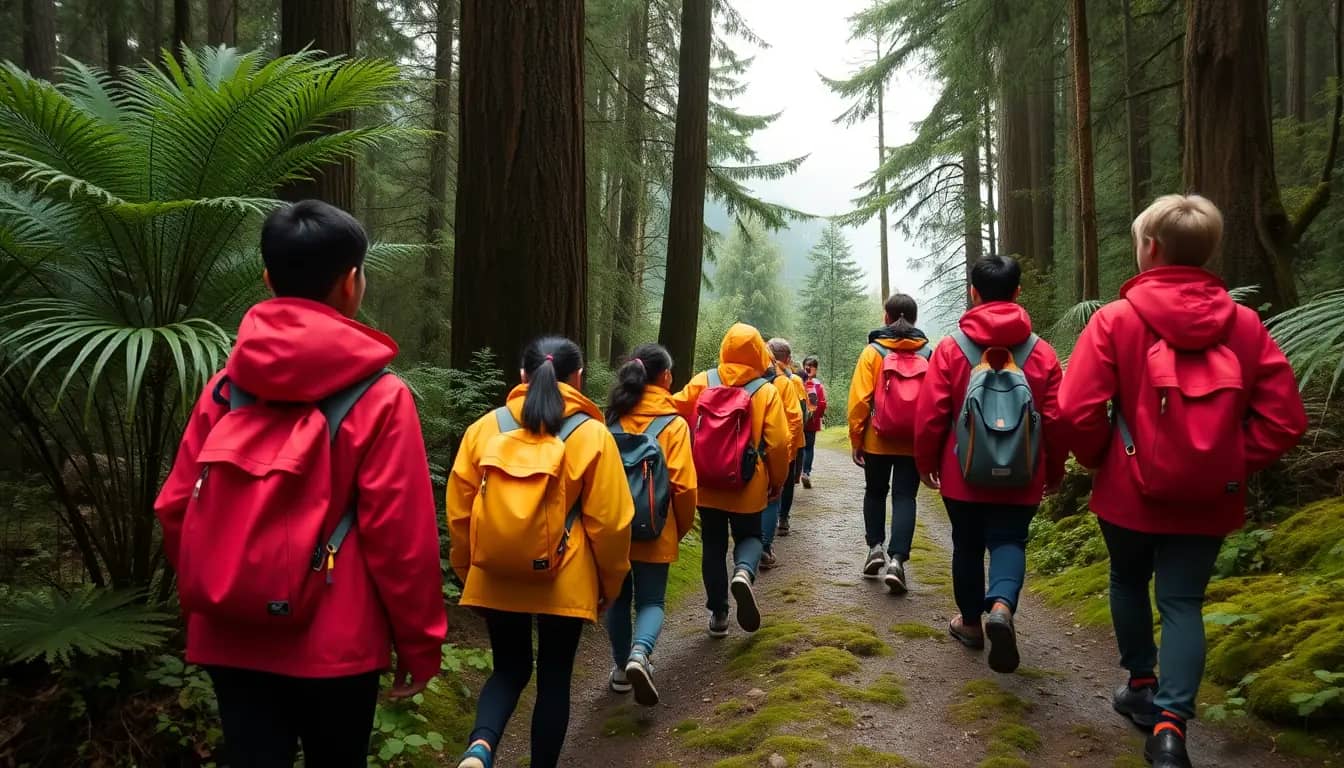 A line of students in red and yellow rain jackets and daypacks walking away along a mossy forest track between tall trees and tree ferns on a misty day