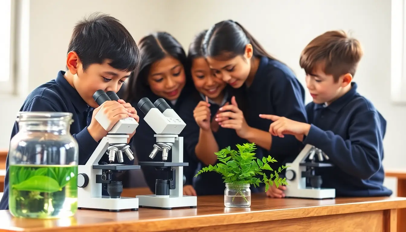Students gathered around school microscopes at a classroom bench, one looking through the eyepiece while others point at a slide