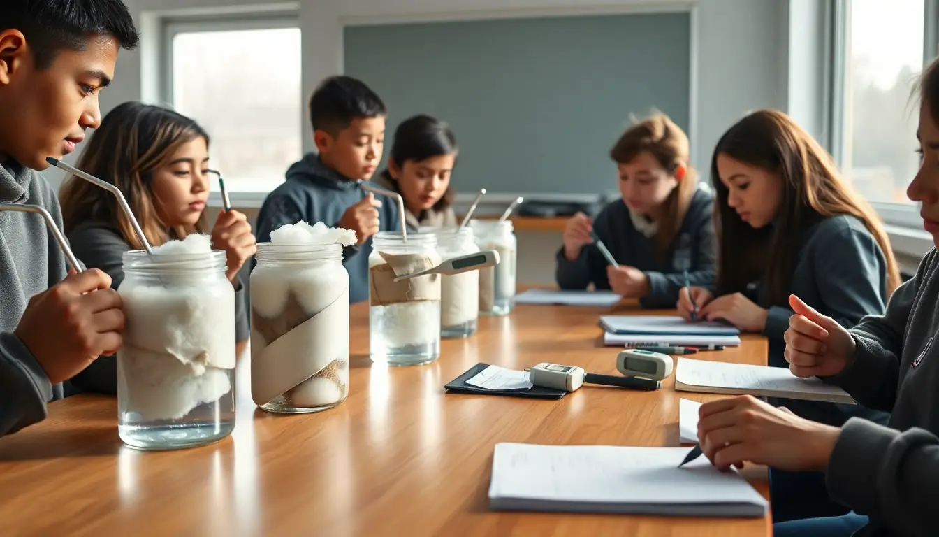 Students at a classroom bench measuring the temperature of hot-water jars wrapped in wool, bubble wrap, newspaper and foil