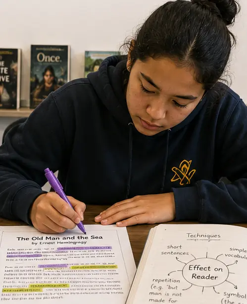 A student annotating a text, highlighting the writer's techniques