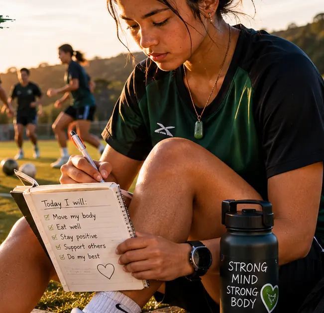 A student writing wellbeing goals in a notebook on a sports field