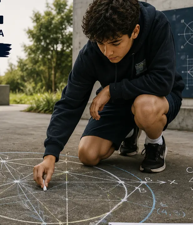 A student drawing a geometric pattern in chalk on the ground