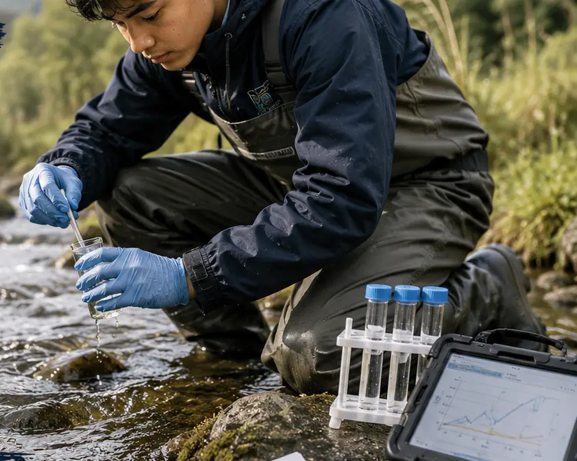 A student testing stream water with a pipette beside test tubes and a tablet