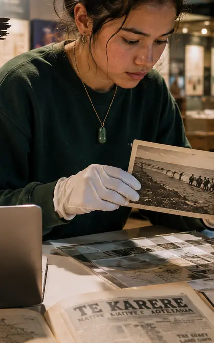 A student wearing gloves examining a historic photograph