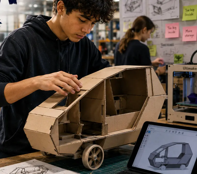 A student building a cardboard vehicle prototype next to a 3D model on a tablet