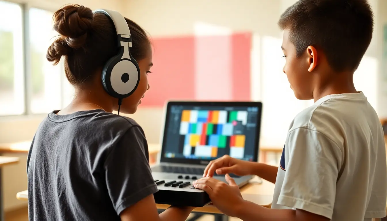 Two students side by side at a laptop showing a grid of coloured blocks, one in headphones, their hands together on a small keyboard controller