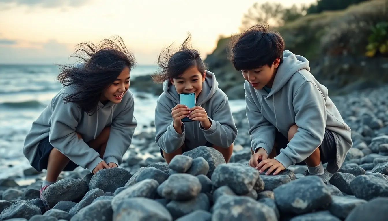 Three students in grey hoodies crouched among grey stones on a windy beach at dusk, one holding up a phone to record the sound of the waves and stones