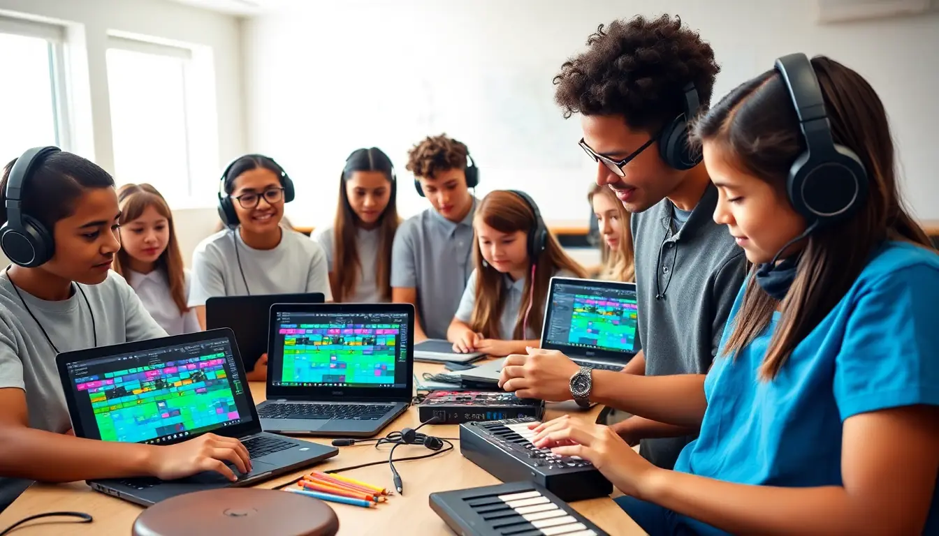 A group of students in headphones around classroom tables, working on laptops with colourful music-making screens, while two students in the front play small keyboard controllers