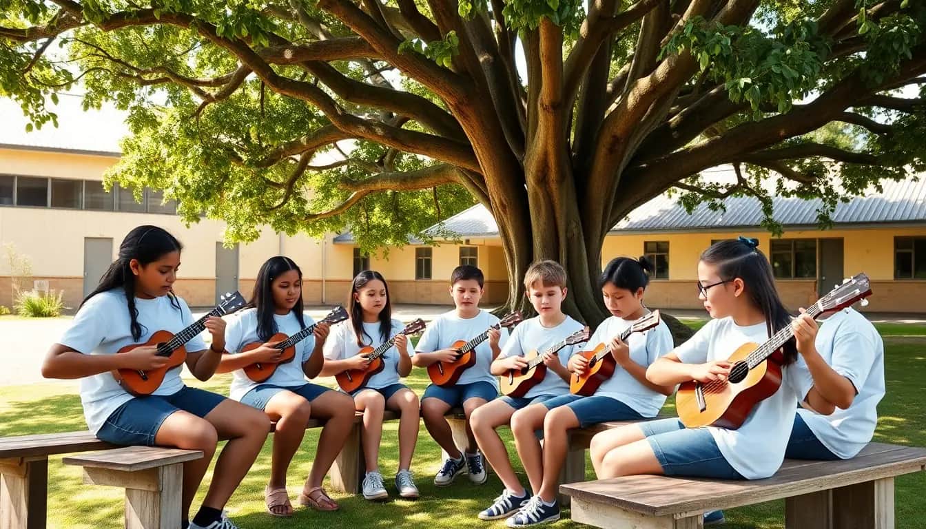 Eight students in white t-shirts sitting on wooden benches under a big spreading tree in a school courtyard, each playing a ukulele