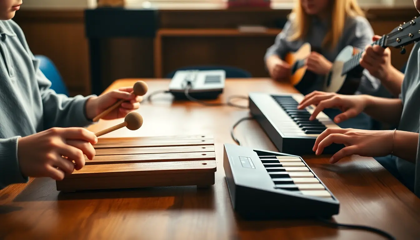Hands at a wooden table: one student plays a wooden bar instrument with two round beaters, another plays a keyboard, while others hold a guitar and a ukulele in the background
