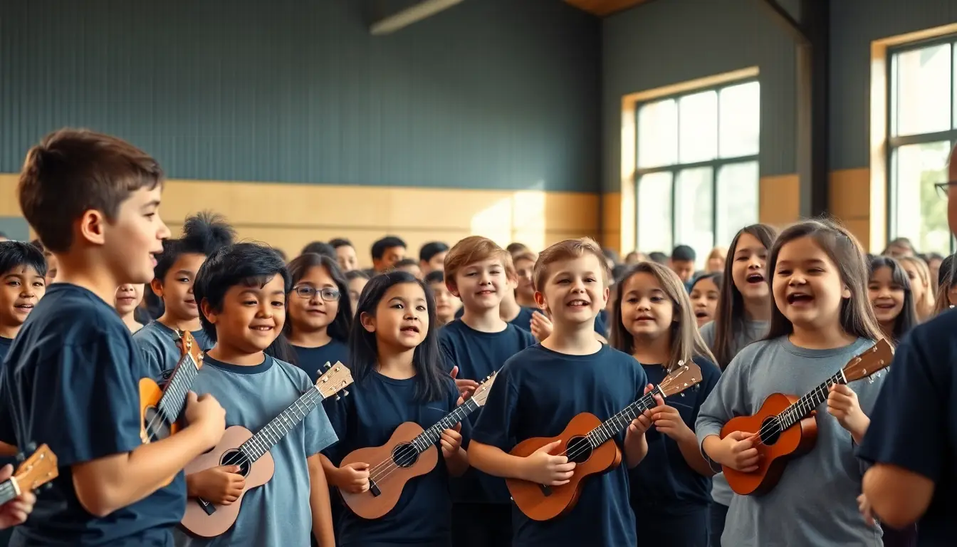 A large group of students in navy and grey t-shirts singing together in a school hall, many holding ukuleles, with tall windows letting in soft light