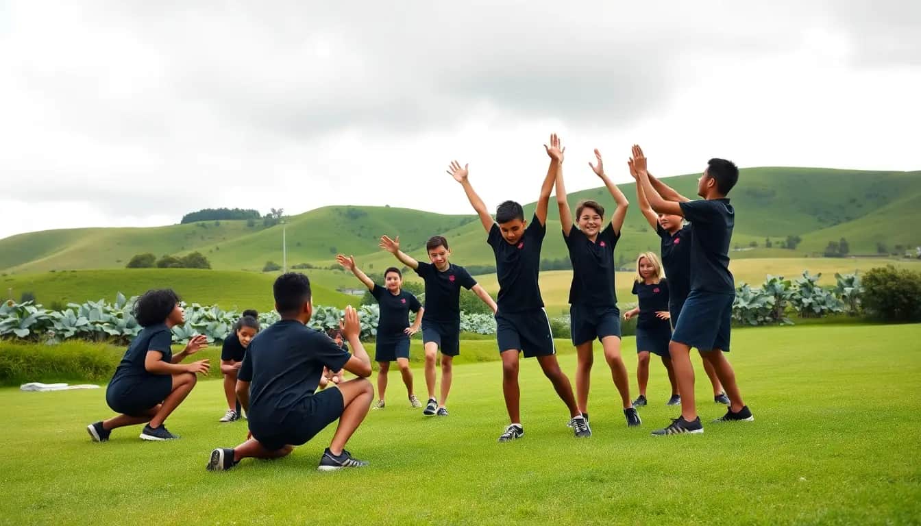 A small group of students frozen in a dance shape on a green school field, some crouching low and some reaching high, with rolling green hills behind
