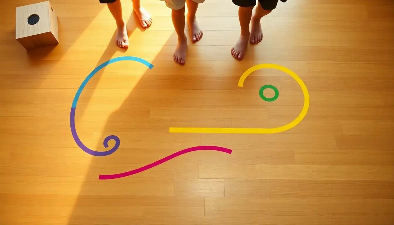 Looking down on a wooden hall floor marked with curving lines of coloured tape in spirals and waves, with three pairs of bare feet stepping along them
