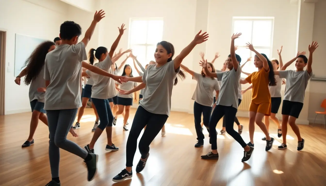 A class of students in grey t-shirts dancing together in a sunlit school hall, arms reaching up and out at different angles mid-movement