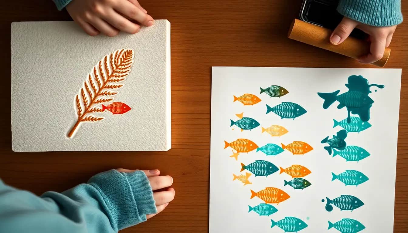 Overhead view of a carved printing plate with a fern and a fish beside a sheet printed with rows of teal and orange fish, and an inky roller