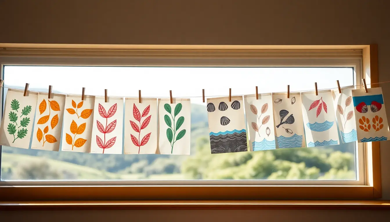 Hand-printed papers with leaf, shell and wave patterns pegged along a string across a sunny classroom window, with green hills outside