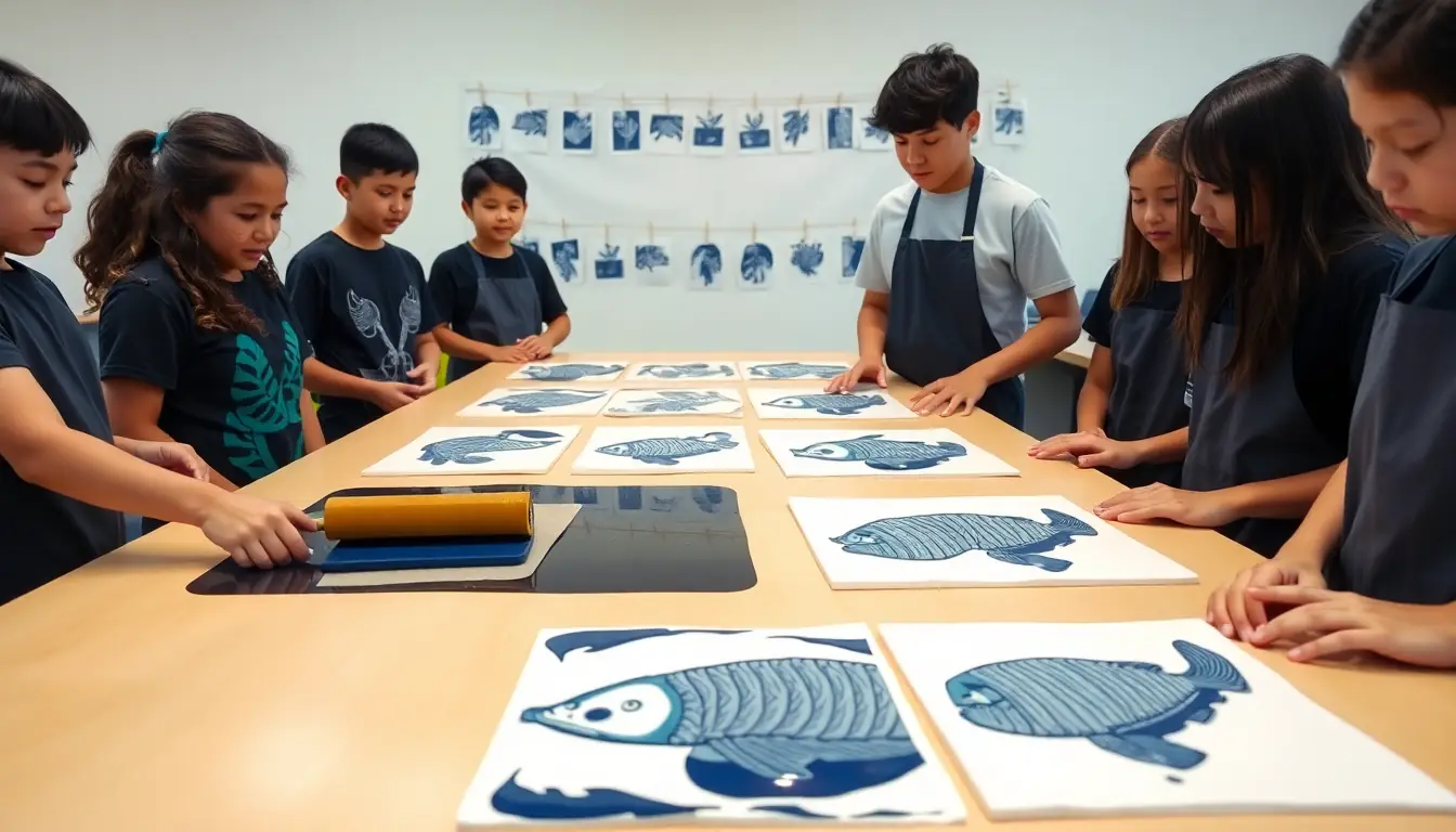 Students around a long classroom table rolling blue ink with a roller and laying out fresh fish prints, with more prints pegged on a line behind them