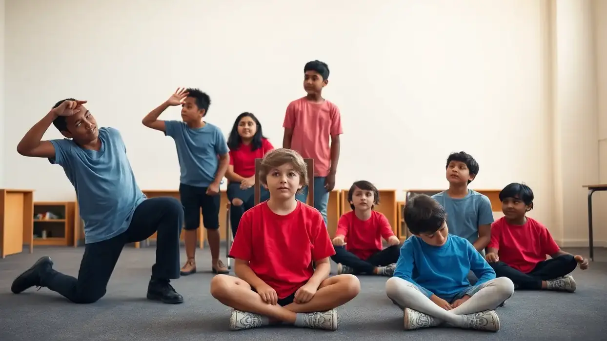 A group of students in red and blue T-shirts in a carpeted room, some sitting cross-legged and some standing in exaggerated poses as they try out characters