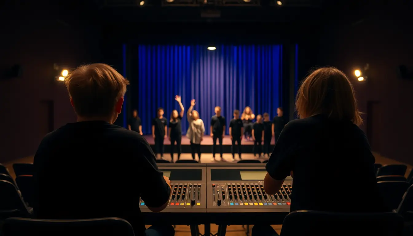 Two students seen from behind at a lighting and sound desk with sliders, watching a group in black T-shirts hold a still pose on a stage lit with a deep blue wash