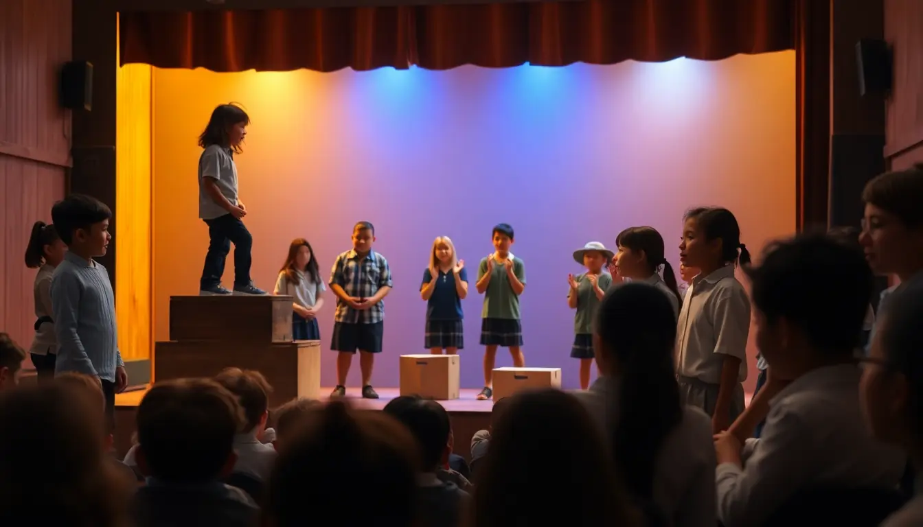 Students performing on a school hall stage lit with warm orange and blue light, one standing on a wooden box while an audience of classmates watches in the foreground