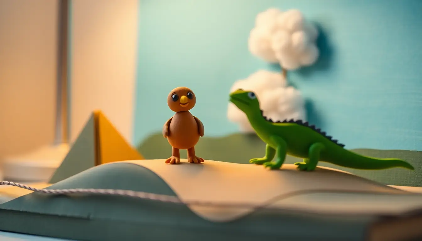 Close-up of a small brown plasticine bird and a green toy lizard standing on a paper hill in front of a blue backdrop with cotton-wool clouds