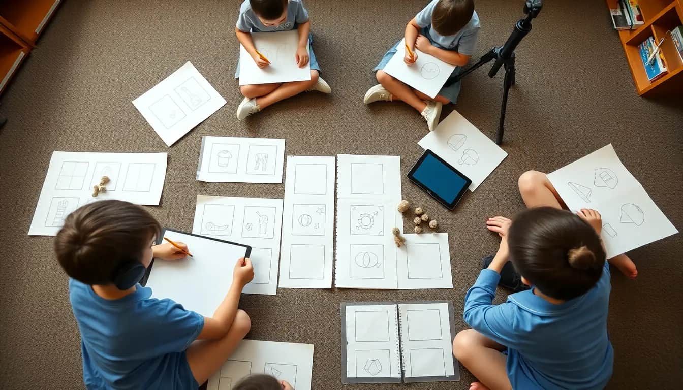 Overhead view of students sitting on a carpet drawing storyboards, with rows of sketched frames laid out between them beside a tablet and a camera on a tripod