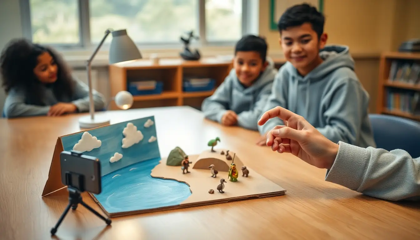 Students at a classroom table smiling at a small model beach scene with a painted sky, cotton-wool clouds and tiny bird figures, filmed by a phone on a mini tripod while one student reaches in to move a figure