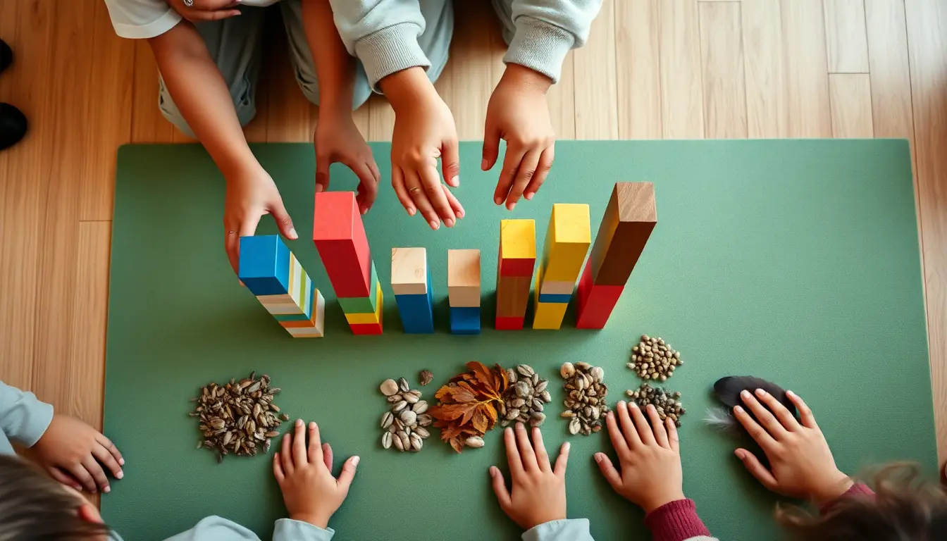 Students' hands build a bar graph from stacked coloured blocks on a green mat, with piles of seeds, leaves and feathers sorted beside it