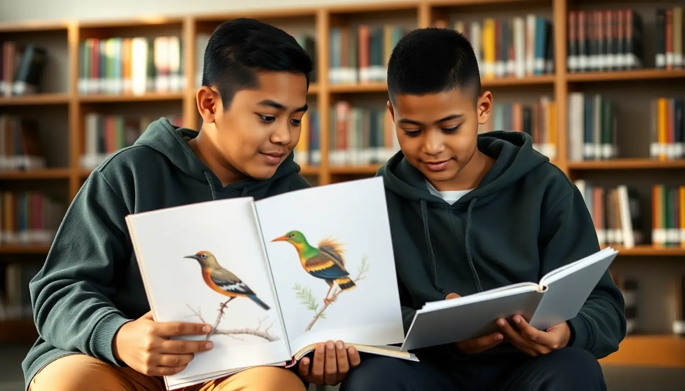 Two students research together in a school library, reading a large picture book of painted native birds