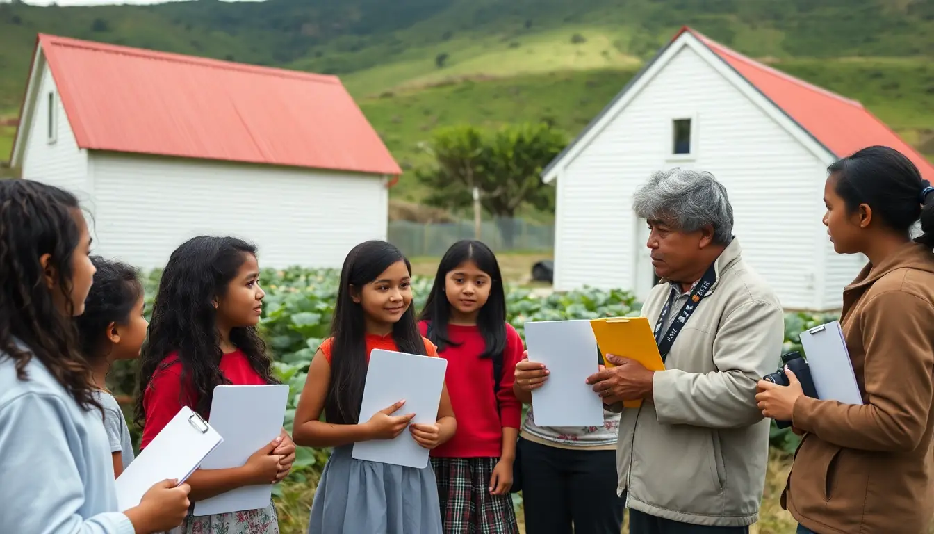 Students with clipboards and a camera listen to a kaumātua outside old white weatherboard buildings in a green rural valley