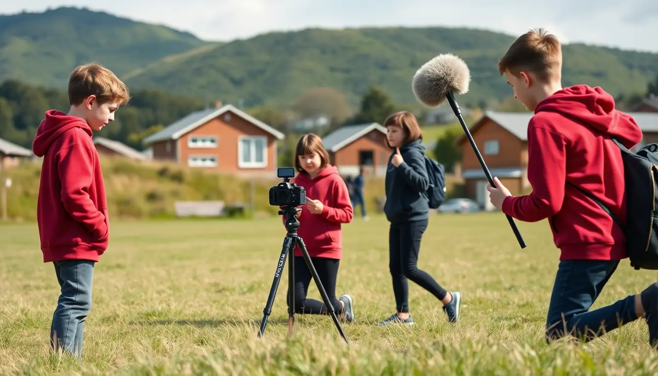 Two students film a classmate outdoors with a phone on a small tripod and a handheld microphone, green hills behind