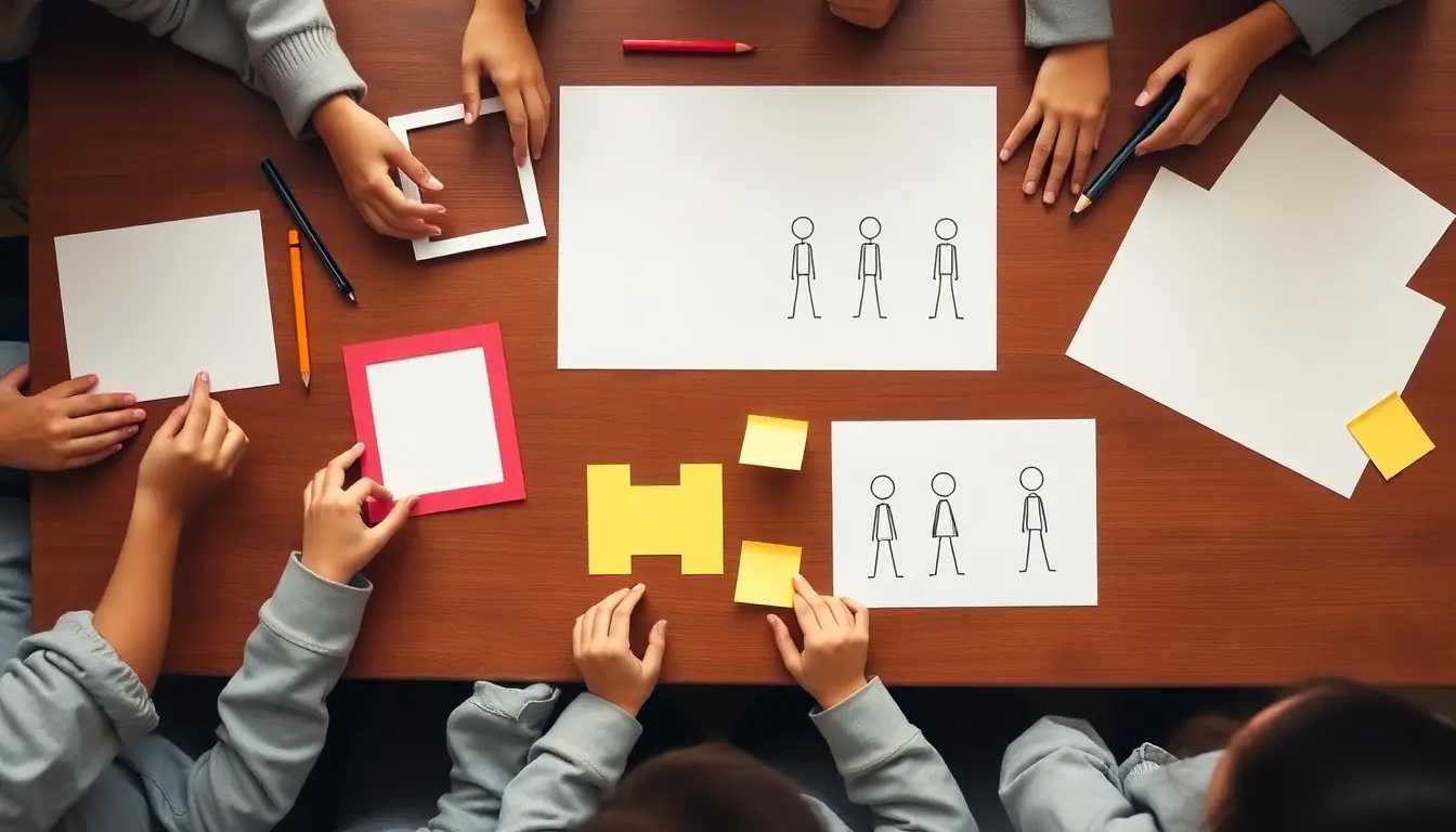 Students' hands arranging storyboard squares, paper cut-outs and sticky notes on a wooden table