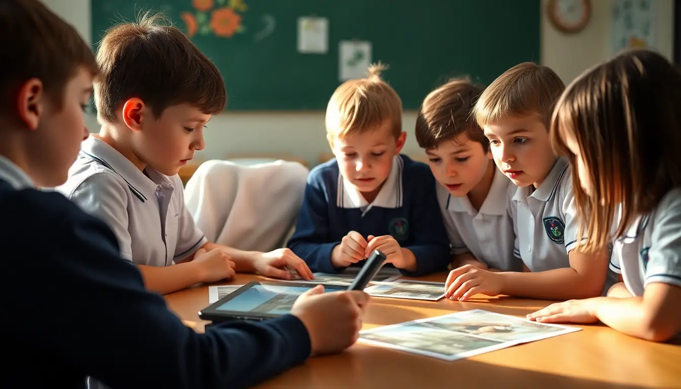 Students gathered around a classroom table compare printed photographs with a street photo on a tablet, checking whether they match