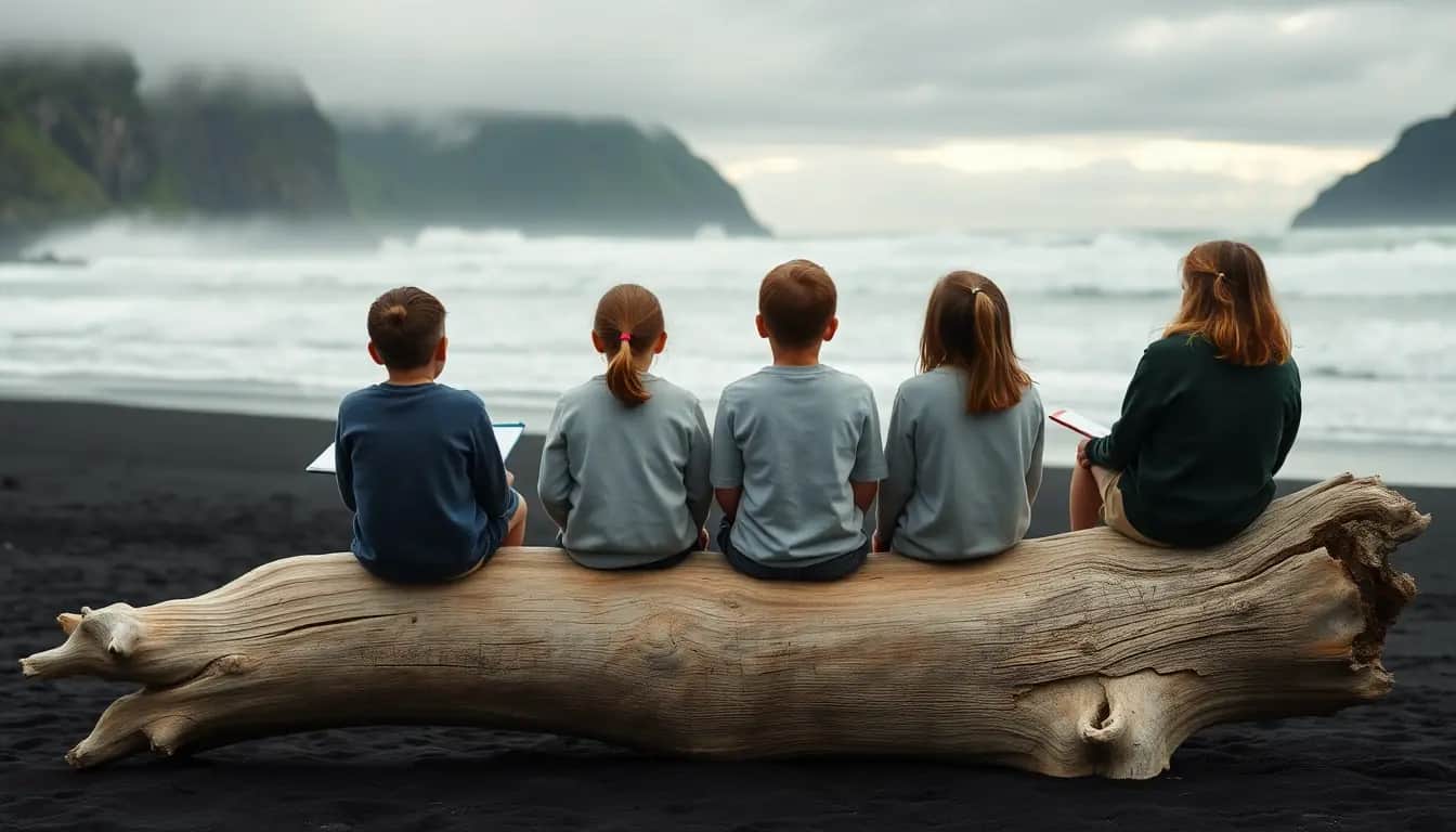 Students sit on a driftwood log on a black-sand beach, notebooks in their laps, watching the surf roll in