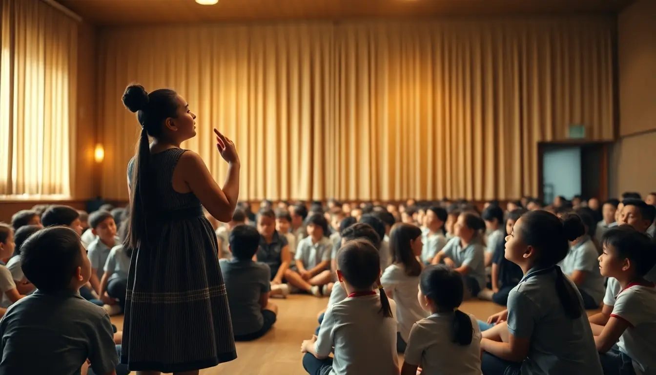 A performer recites a poem with one hand raised in a warmly lit school hall while a large audience of students sits on the floor listening