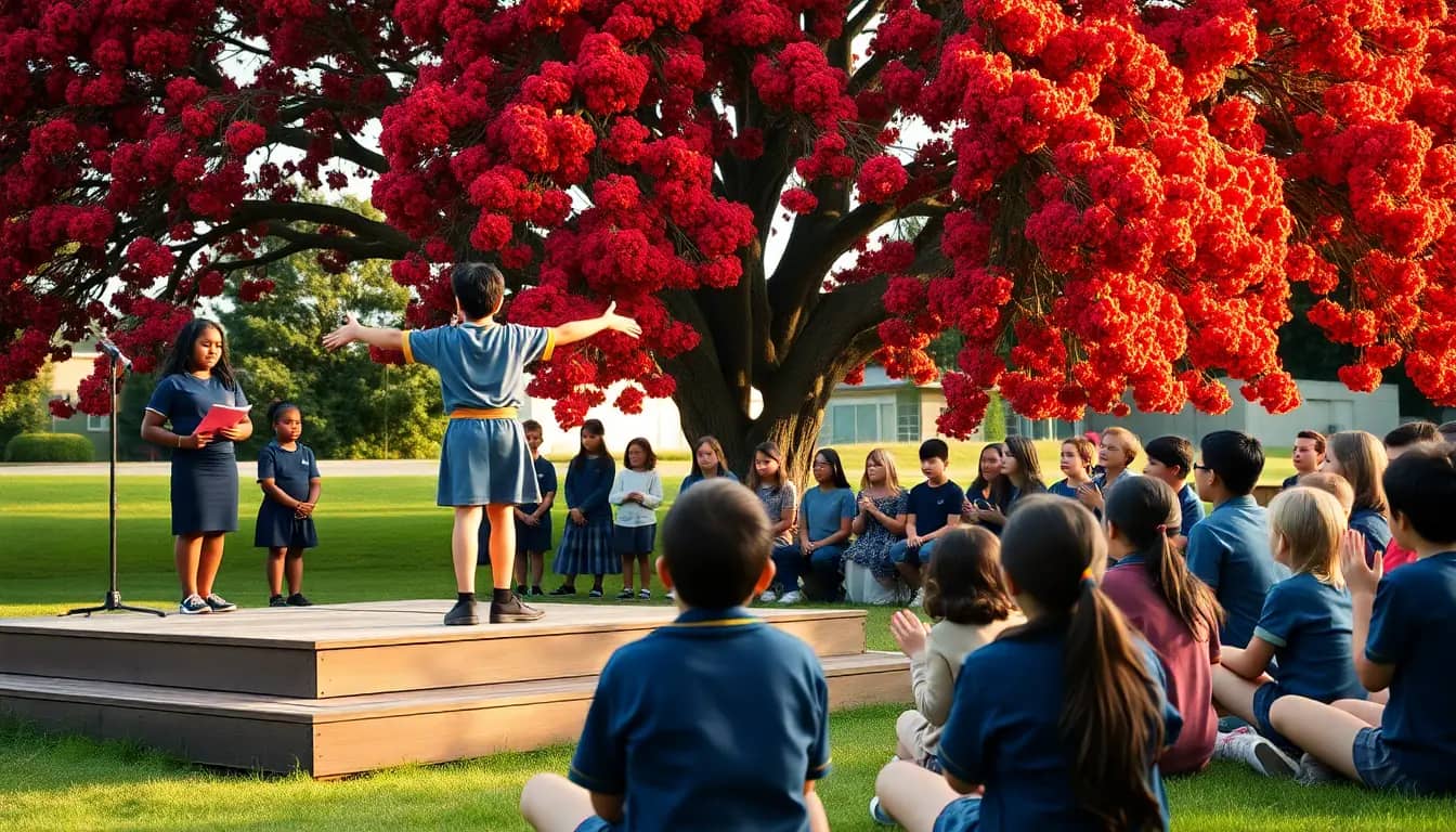 A student performs a poem with arms open on a low outdoor stage while classmates sit on the grass under a flowering pōhutukawa