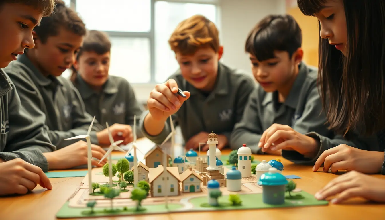 Students build a model of an imagined future town from cardboard, bottle caps and wire, with tiny wind turbines and domes