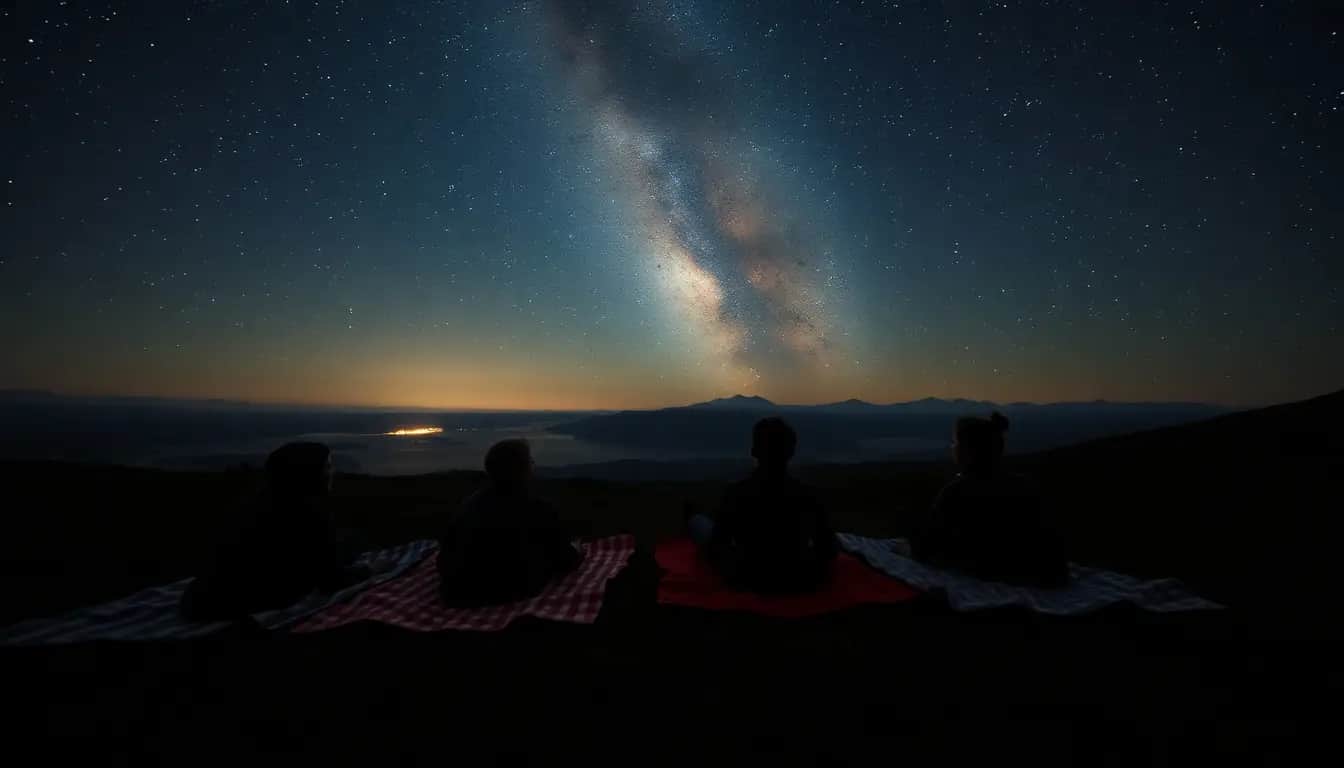 Silhouettes of students lying on blankets on a hilltop, gazing at the Milky Way over a dark valley