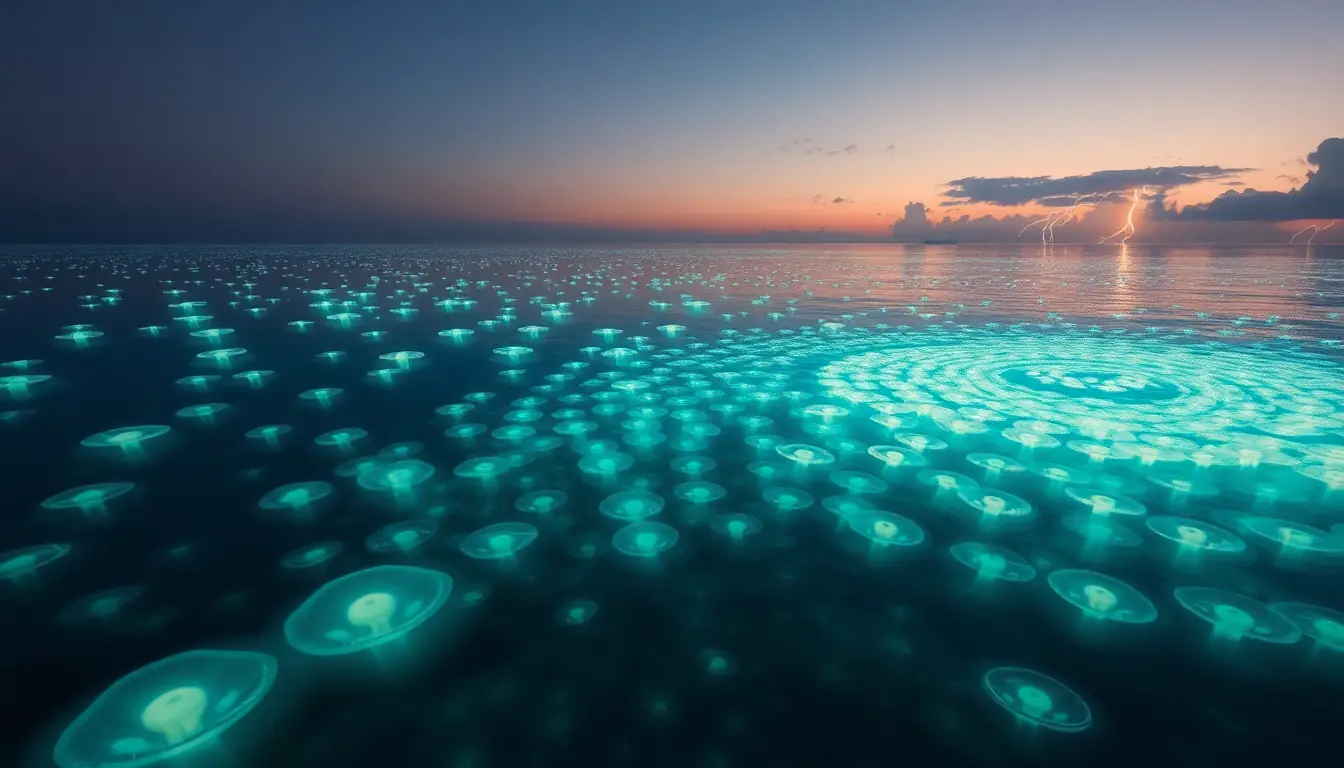 An imagined alien ocean at twilight, with glowing jellyfish-like creatures swirling in a spiral under the surface and lightning on the horizon