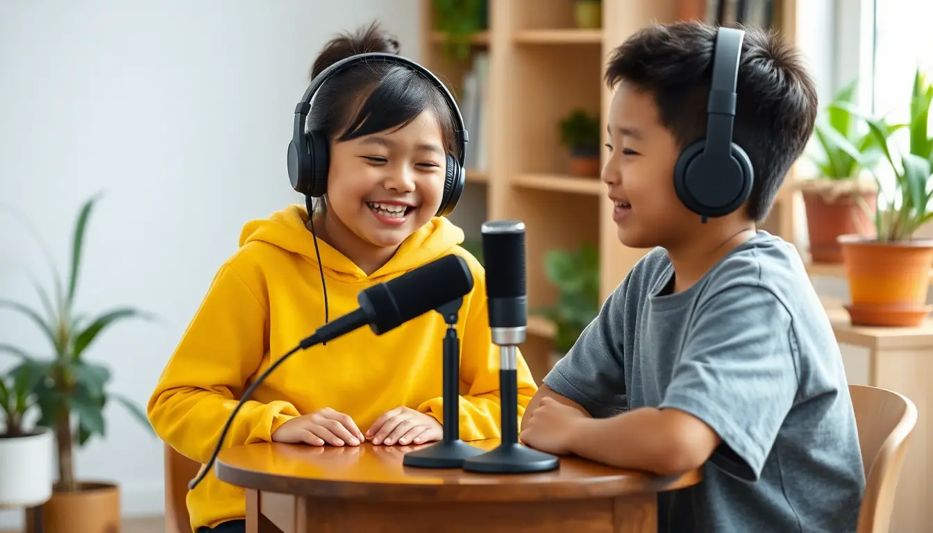 Two students laughing as they record a podcast together at a table with a microphone and headphones