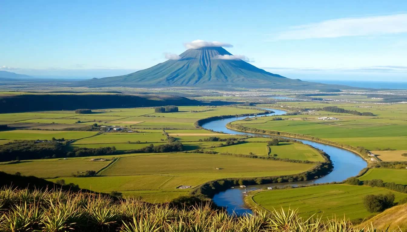 A maunga rising above green farmland with a river winding towards the sea, the kind of landmarks named in a pepeha