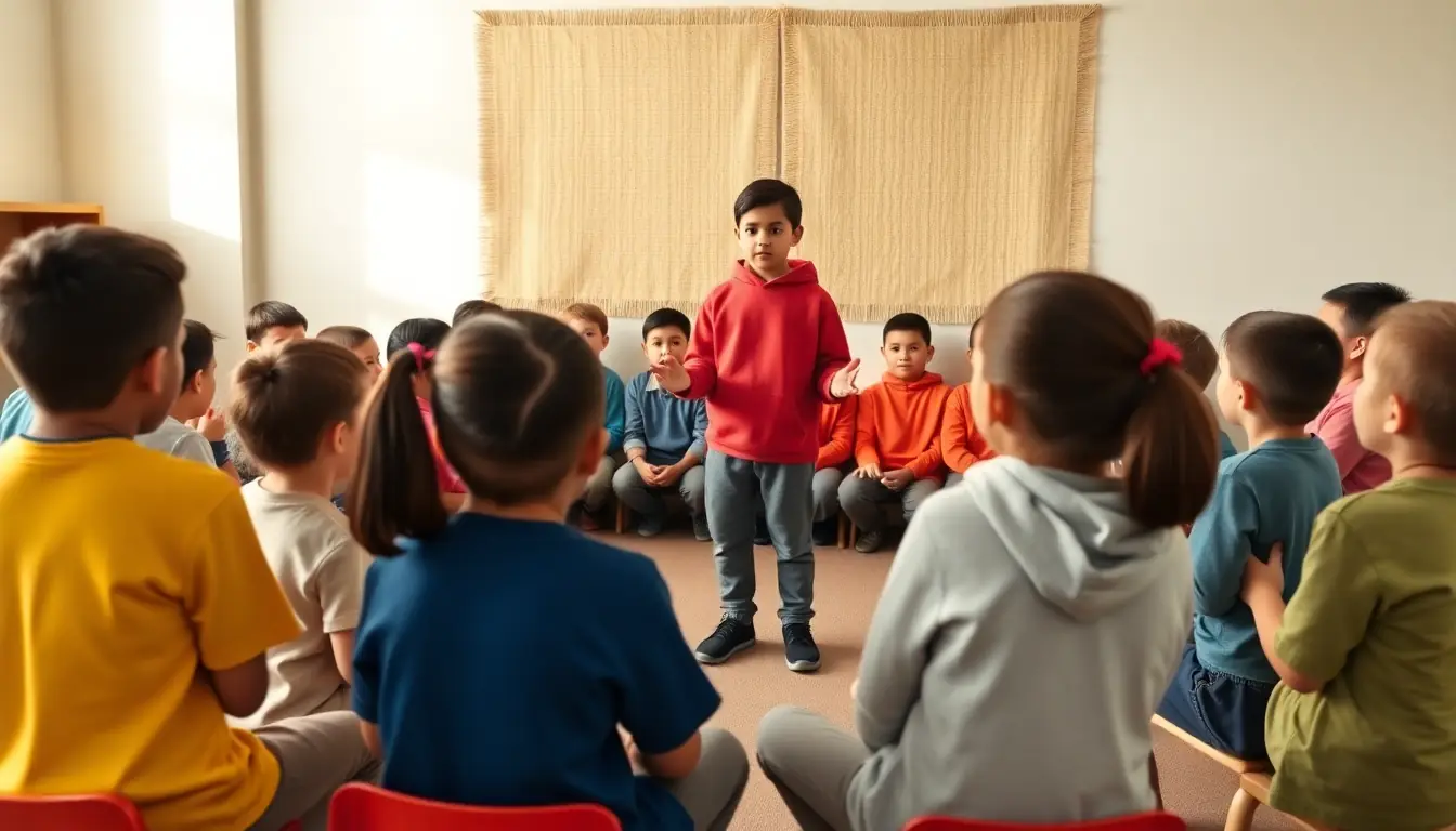 A student standing to speak to classmates seated in a circle, who are listening closely, with harakeke weaving on the wall